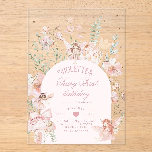 Fairy First Birthday Enchanted garden Whimsical アクリル招待状 (正面)