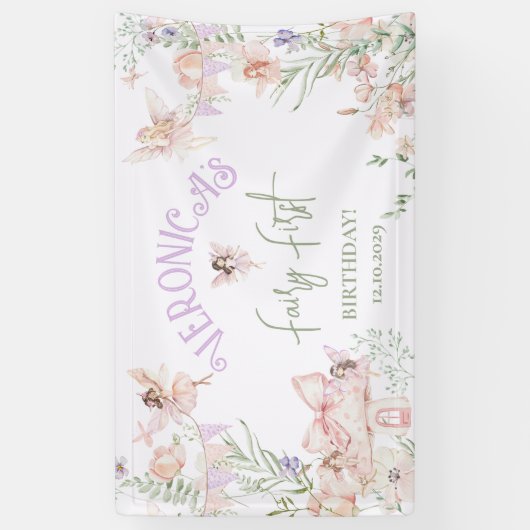 Fairy First Birthday Enchanted garden Whimsical 横断幕 (縦)