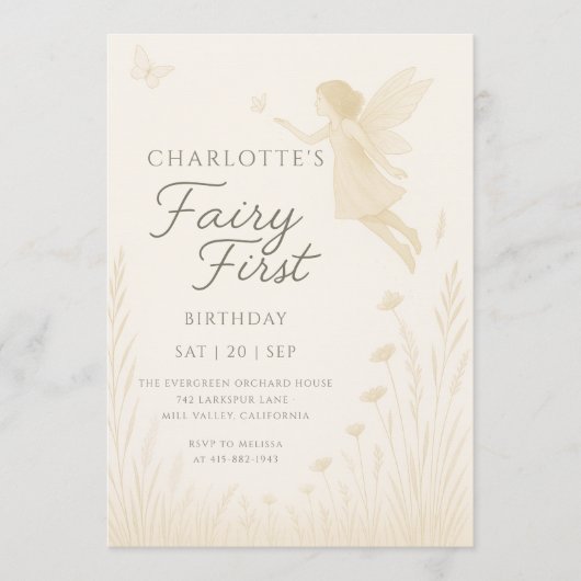 Fairy First Birthday Floral Watercolor 招待状 (正面)