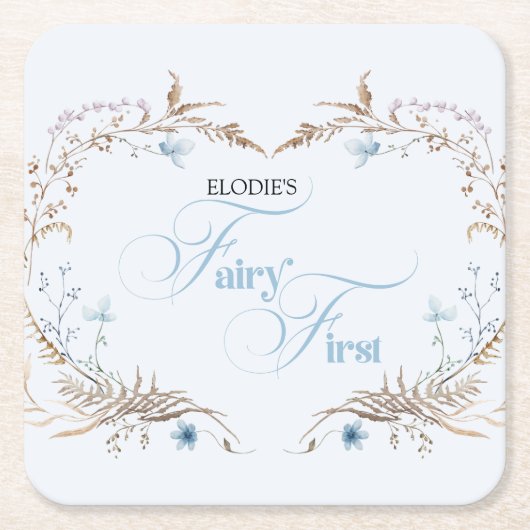 Fairy First Birthday Invitation | Elegant Blue  スクエアペーパーコースター (正面)