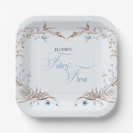 Fairy First Birthday Invitation | Elegant Blue  ペーパープレート (正面)