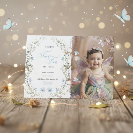 Fairy First Birthday Invitation | Floral Photo 招待状