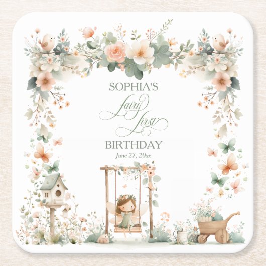 Fairy First Birthday Party Personalized スクエアペーパーコースター (正面)