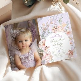 Fairy First Birthday Pastel Lilac Whimsical Photo 招待状