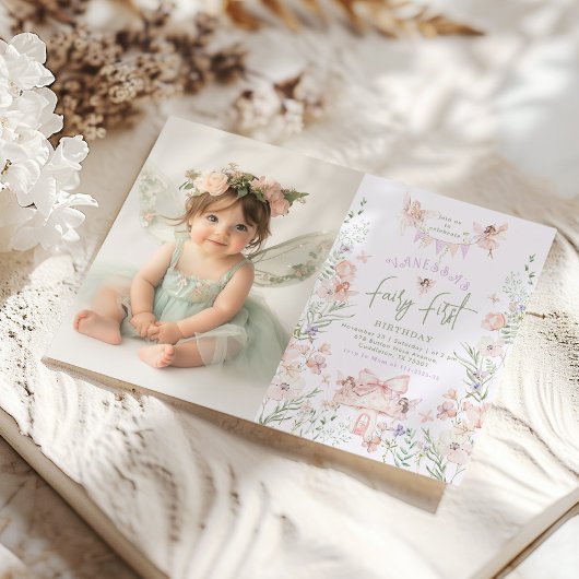 Fairy First Birthday Pastel Whimsical Photo 招待状