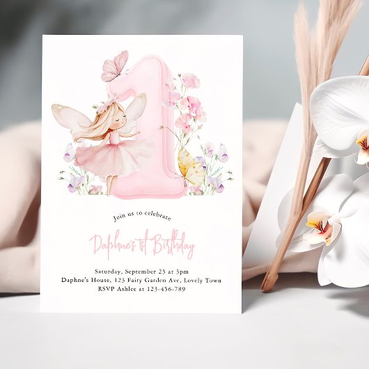 Fairy First Birthday Pink Number 1 Girls Party 招待状