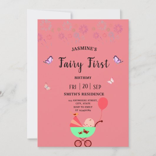 Fairy First  Birthday pink party Invitation 招待状 (正面)