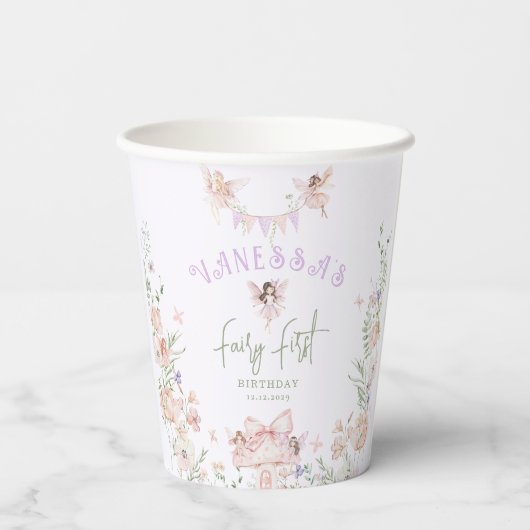 Fairy First Birthday Whimsical garden Lilac 紙コップ (裏面)