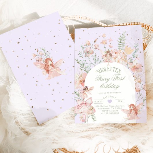 Fairy First Birthday Whimsical Garden Purple 招待状