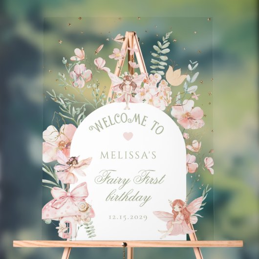 Fairy First Birthday Whimsical Purple Welcome アクリルサイン (ニュートラル)