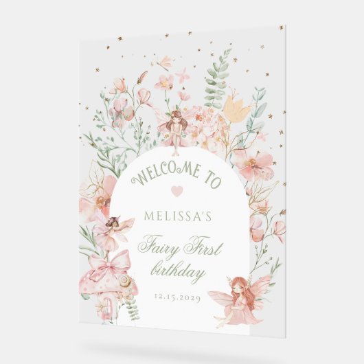 Fairy First Birthday Whimsical Purple Welcome アクリルサイン (傾斜)
