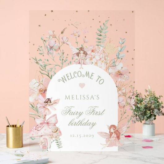 Fairy First Birthday Whimsical Purple Welcome アクリルサイン (ウェディング)