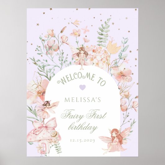 Fairy First Birthday Whimsical Purple Welcome ポスター (正面)