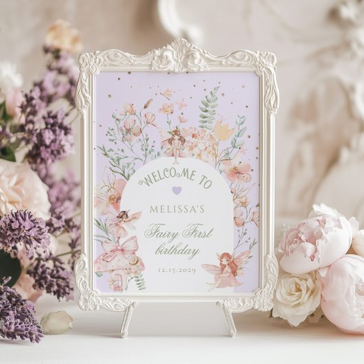 Fairy First Birthday Whimsical Purple Welcome ポスター