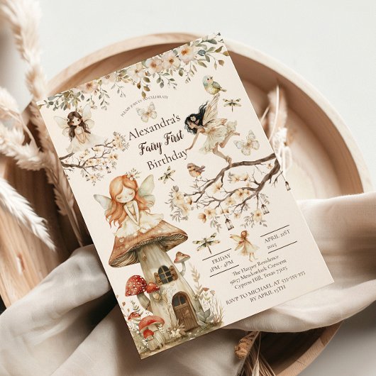 Fairy First Birthday Woodland Floral 招待状