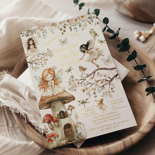 Fairy First Birthday Woodland Floral 箔招待状