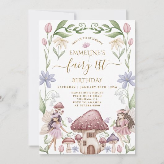 Fairy First Enchanted Forest Girl 1st Birthday 招待状 (正面)
