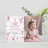 Fairy First Floral Garden Butterfly Birthday Photo 招待状 (スタンド正面)