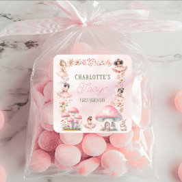 Fairy First Mushroom House Pink Birthday スクエアシール