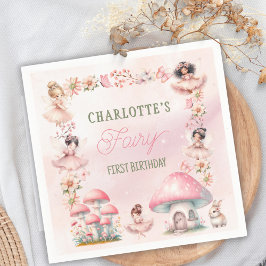 Fairy First Mushroom House Pink Birthday スタンダードカクテルナプキン