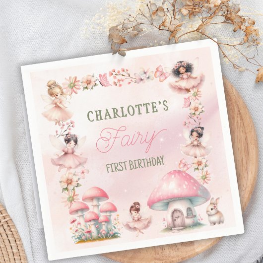 Fairy First Mushroom House Pink Birthday スタンダードカクテルナプキン
