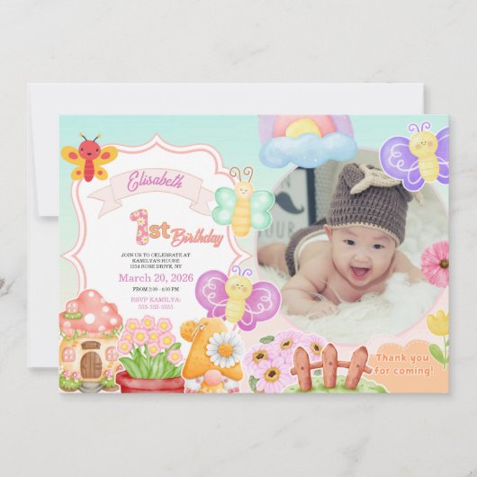 Fairy First Pink Photo Butterfly 1st Birthday 招待状 (正面)