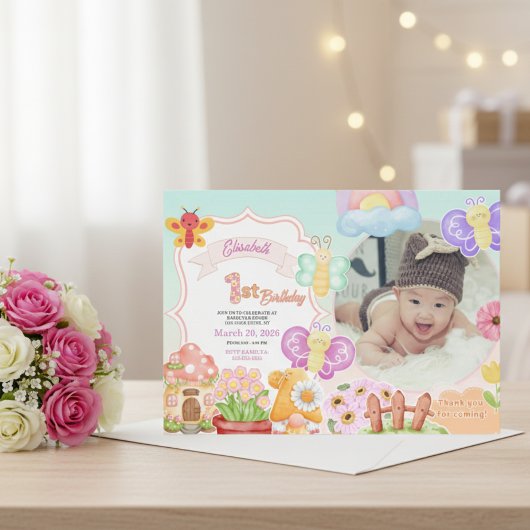 Fairy First Pink Photo Butterfly 1st Birthday  招待状