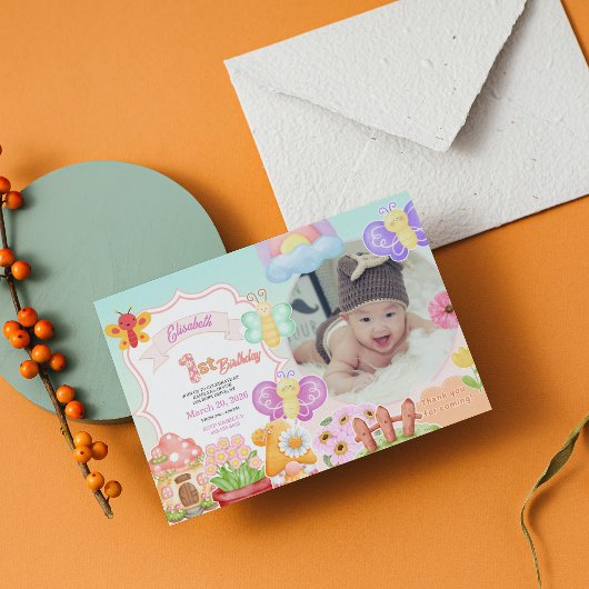 Fairy First Pink Photo Butterfly 1st Birthday  招待状