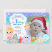 Fairy First Purple Sea Photo 1st Birthday  招待状 (正面)