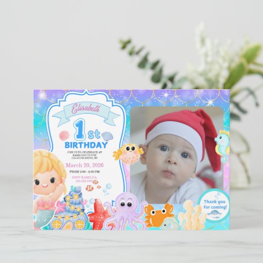 Fairy First Purple Sea Photo 1st Birthday  招待状 (スタンド正面)