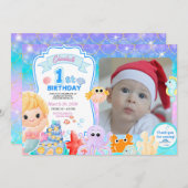 Fairy First Purple Sea Photo 1st Birthday  招待状 (正面/裏面)