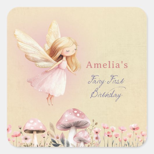 Fairy First Theme Girl's 1st Birthday Party Custom スクエアシール (正面)