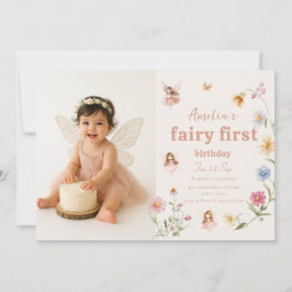 Fairy First Watercolor Widflower Birthday Photo 招待状