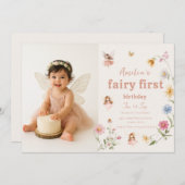 Fairy First Watercolor Widflower Birthday Photo 招待状 (正面/裏面)