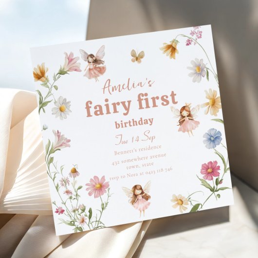 Fairy First Watercolor Widflower Girls Birthday 招待状