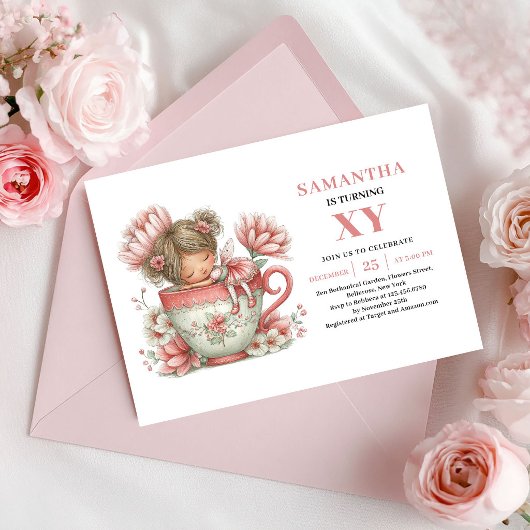 Fairy Girl Birthday Blush Floral Pink Tea Party 招待状