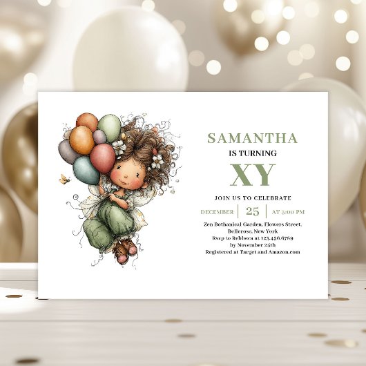 Fairy Girl Birthday Sage Green Floral Invitation 招待状
