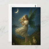 Fairy Girl Playing A Flute To Frogs In Moonlight ポストカード (正面/裏面)