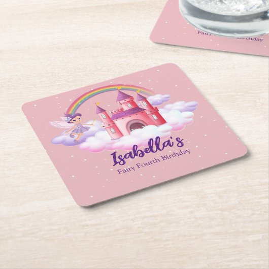 Fairy Kid's Birthday Fairytale Castle Rainbow  スクエアペーパーコースター (アングル)