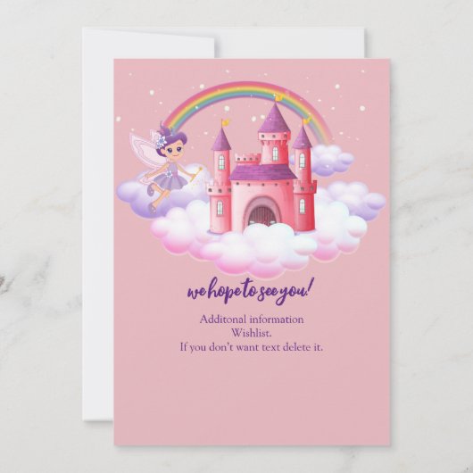 Fairy Kid's Birthday Fairytale Castle Rainbow  招待状 (裏面)