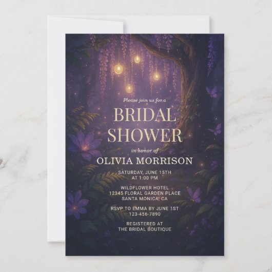 Fairy Lights Enchanted Forest Purple Bridal Shower 招待状 (正面)
