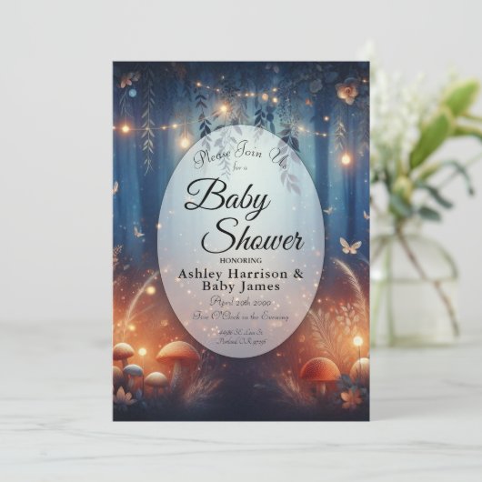 Fairy Lights in a Moonlit Forest Baby Shower 招待状 (スタンド正面)