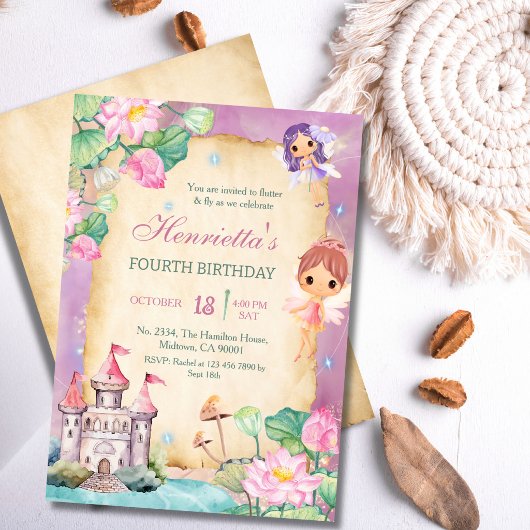 Fairy Magical Princess garden castle 4th Birthday 招待状
