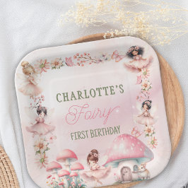 Fairy Mushroom House Pink Birthday ペーパープレート