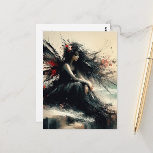 Fairy on a Seaside cliff  in Black Dress ポストカード (正面/裏面インサイチュ)