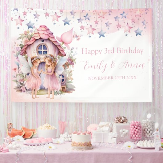 Fairy pink forest Happy Birthday  backdrop banner 横断幕 (パーティー)