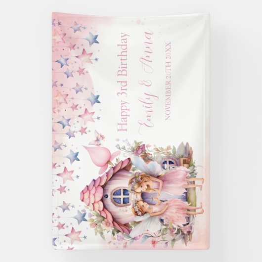 Fairy pink forest Happy Birthday backdrop banner 横断幕 (縦)