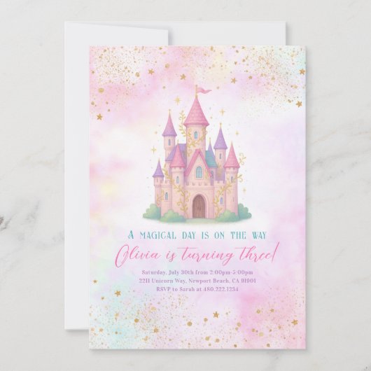 Fairy Tale Castle Pink Birthday Party Invitation 招待状 (正面)