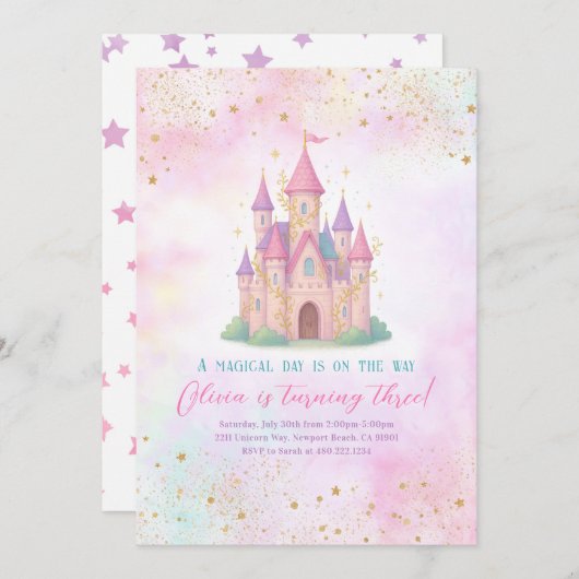 Fairy Tale Castle Pink Birthday Party Invitation 招待状 (正面/裏面)