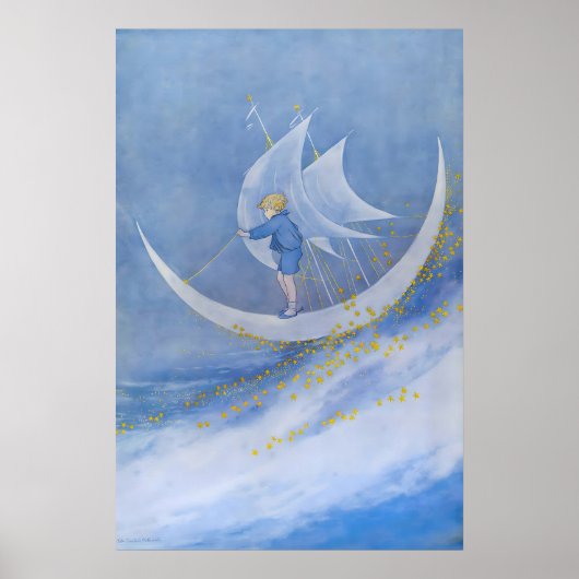 Fairy Tale Moon Print Whimsical Boy on Crescent ポスター (正面)